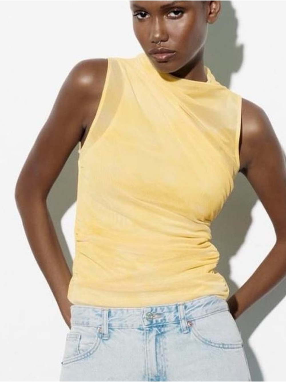 Zara Tulle Sheer Mesh Draped Tie-Dye Swirl Yellow Tank Top Summer Small